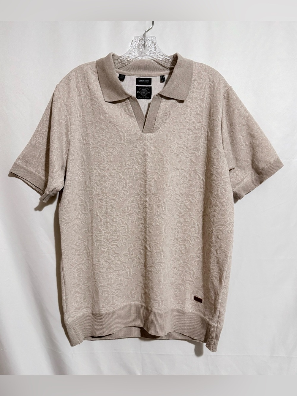 Buffalo David Bitton Men’s Beige Floral Knit Polo Shirt L Logo Short Sleeve